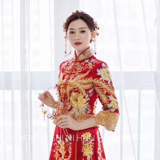 MHFDO old Phoenix Swarovski zirconium bridal Xiuhe clothing headdress simple style phoenix hairpin phoenix crown hair accessories wedding ceremony model headdress set (ear acupuncture style)