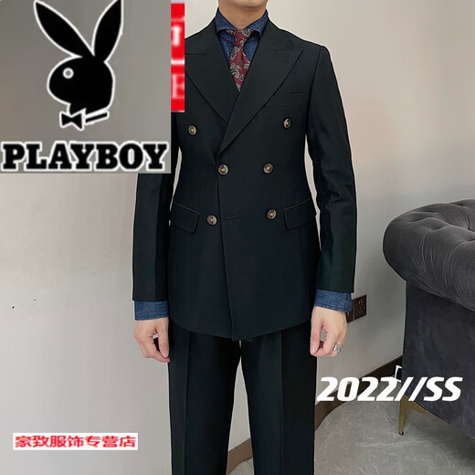 Playboy (PLAYBOY) British retro men's gentleman's slim double-breasted suit suit Korean style fashionable business formal suit two-piece suit black XL suit + pants