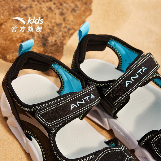 ANTA Children's Sandals Universal Big Children's Shoes 2025 Summer New Velcro Outdoor Baotou Soft Elastic Beach Shoes Black/Lake Blue-3 39