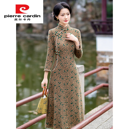 Pierre Cardin middle-aged and elderly mothers thickened autumn and winter slimming Ao Dai improved cheongsam new Chinese style retro mink velvet dress long women's camel 3XL 130--140Jin Jin is equal to 0.5 kg can be worn