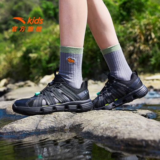 ANTA Children's Sandals Men's Beach Shoes 2025 Summer New Breathable Toe Knob Button Outdoor Physical Education Sandals Classic Black-8 35 Size