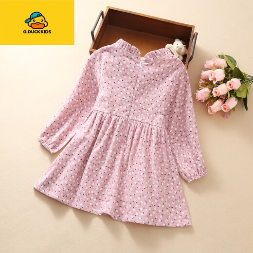 G.duck Girls Dress Children's Floral Skirt Spring Autumn Winter New Korean Style Long Sleeve Velvet Thickened Cotton Bottoming Skirt New Pink Wooden Button Spring Autumn 110 Recommended Height 100cm Suitable for 90-100cm
