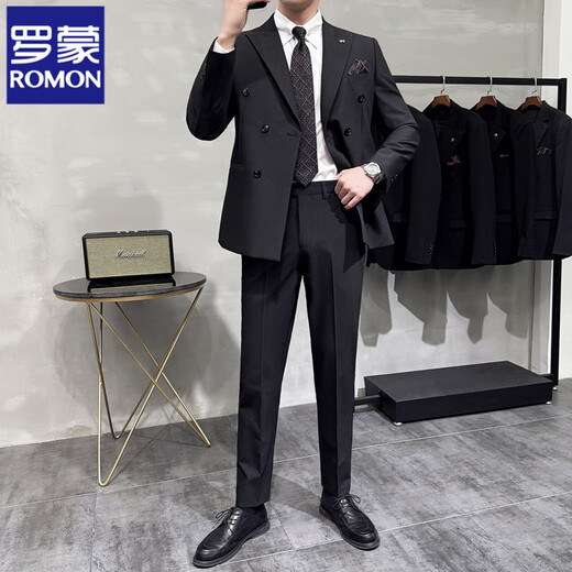 ROMON high-end suit men's suit business casual double-breasted striped slim new small suit groom wedding dress black two-piece set with free tie XL (suitable for 126-140 Jin Jin equals 0.5 kg)
