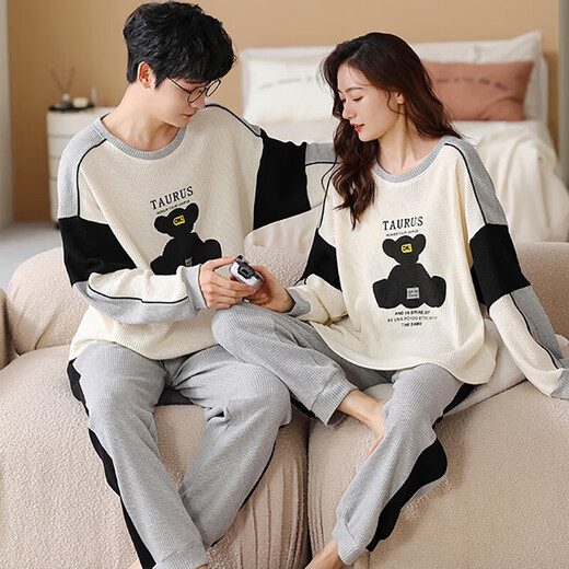 曼之伴（Manzhiban）情侣睡衣春秋款纯棉长袖宽松加大码家居服男女款薄款全棉套装 HMF7374#纯棉款情侣套装 女：M