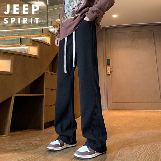JEEP SPIRIT Jeep jeans men's autumn and winter American wide-leg scimitar pants men's straight flared pants black XL