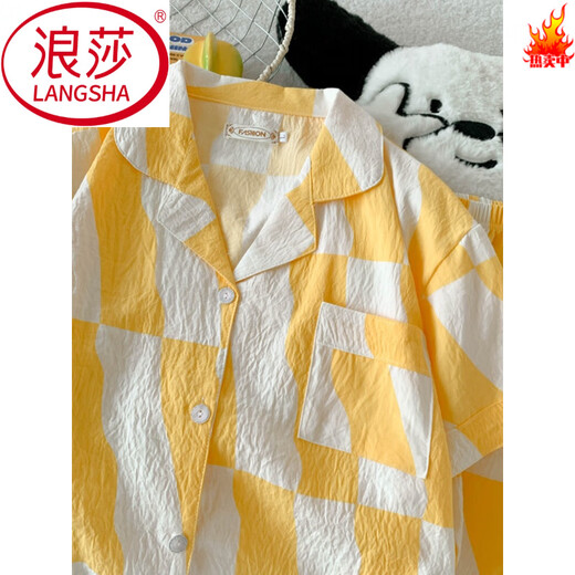 浪莎（LangSha）奶黄云朵纯棉纱睡衣女款夏季开衫短袖短裤三件套感甜美家居服 云朵棉-9905#黑爱心三件套 M 【建议75-100斤】