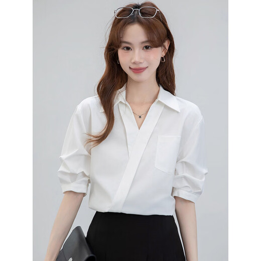 拉夏贝尔（LA CHAPELLE）法式V领短袖衬衫女夏季年新款通勤面试职业正装上衣 粉色(9926款) S 89-98斤选