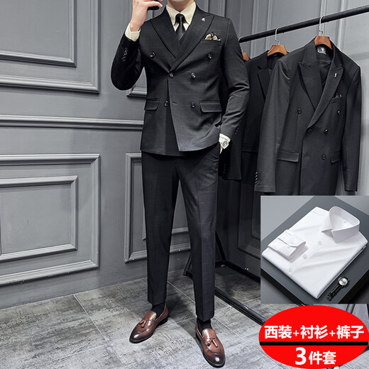 Jason's double-breasted plaid suit men's suit high-quality formal dress business casual groom's wedding suit three-piece khaki (suit + shirt + pants) 2XL