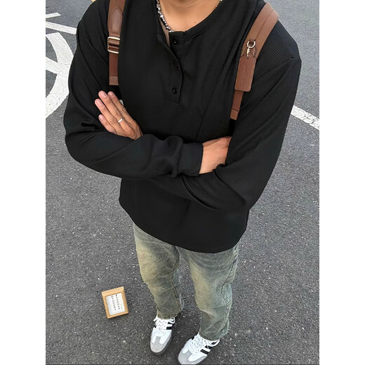 Katuchi American Henry collar long-sleeved T-shirt for men in summer, loose and thin waffle guard clothes, high-end inner layering shirt, black XL