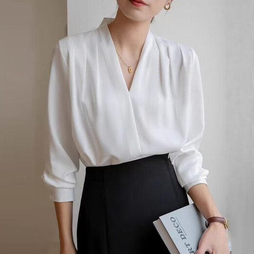 2025 Women's White V-neck Satin Shirt Workplace Commuting Suit High-End Top Business Wear White Shirt 675 White V-neck L Recommendation 110-120Jin Jin is equal to 0.5 kg