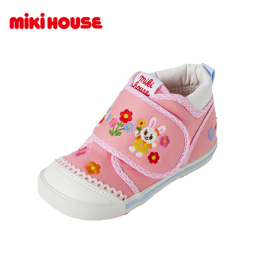 MIKIHOUSE Japanese-made children's toddler shoes, girls' toe-toe baby shoes, embroidered cartoon non-slip wear-resistant infant and toddler indoor shoes, pink 15 (suitable for inner length 14.5cm)
