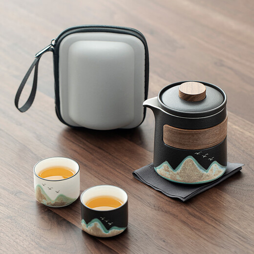 Tangfeng travel tea set, one pot and two cups, outdoor travel portable quick cup, birthday gift for elders, business souvenir, Yahei Qianli Jiangshan quick cup (with filter)