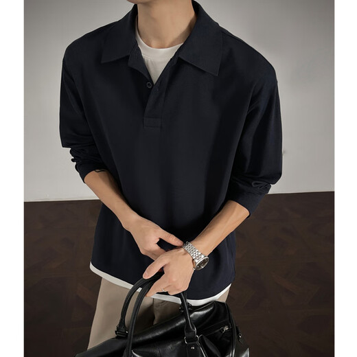 NYING fake two-piece right shoulder polo shirt for men 25 autumn new fashion brand casual long-sleeved T-shirt loose and versatile inner base black XL (120-140Jin Jin equals 0.5 kg)