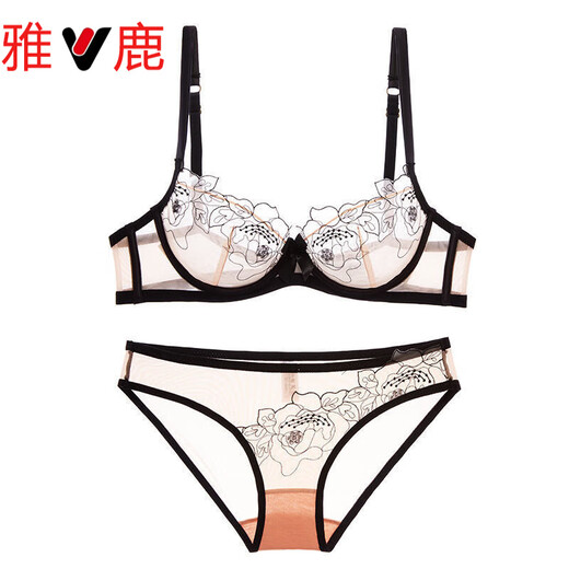 Yalu Transparent Bra Underwear Gathering Feminine Charming Thin Lace Embroidered Girls Bra Set Black Set 85B 38B