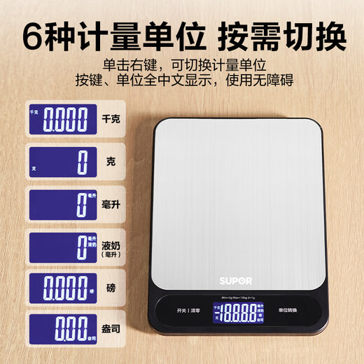 SUPOR kitchen electronic scale household small high-precision kitchen scale gram scale food weighing food scale baking gram weight scale kitchen scale stainless steel panel 15kg large range