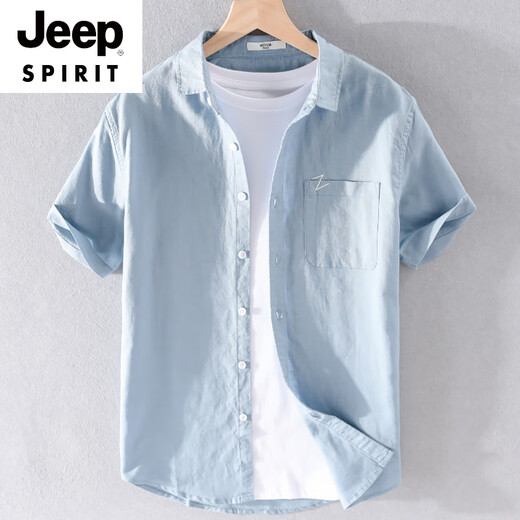 JEEP SPIRIT men's cotton linen lapel short-sleeved T-shirt loose shirt collar top with neckline T-shirt linen summer clothing yunyi-9711 white M