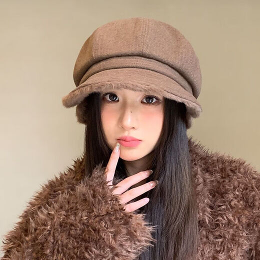 Rui Menghua 2025 new autumn and winter velvet thickened beret versatile large head circumference octagonal hat showing face small windproof warm hat beige M 55-58c one size fits all