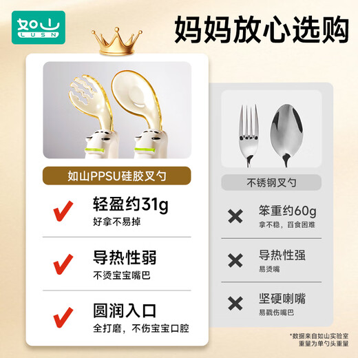 如山宝宝辅食勺子婴儿学吃饭训练儿童硅胶餐具自主进食元宝叉勺 ppsu熊猫-叉勺【赠防尘收纳盒】 无规格
