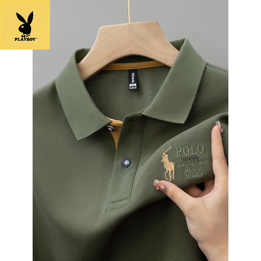Playboy (PLAYBOY) summer new pure cotton men's short-sleeved POLO shirt embroidered lapel T-shirt 6626 military green 4XL 58 recommended 195-220Jin Jin equals 0.5 kg