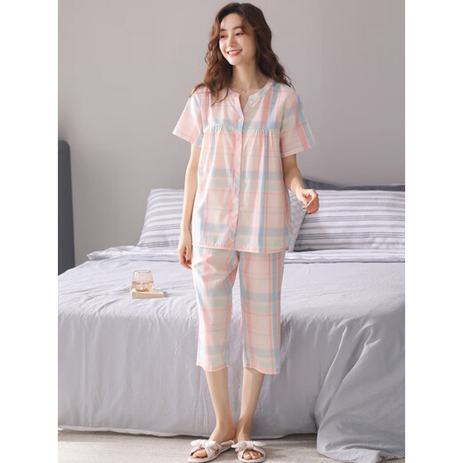 猫人（MiiOW）梭织纯棉睡衣女士夏季薄款短袖七分裤纱布夏天家居服套装开衫 S2--5012黄色(七分裤) M (荐80-100斤)
