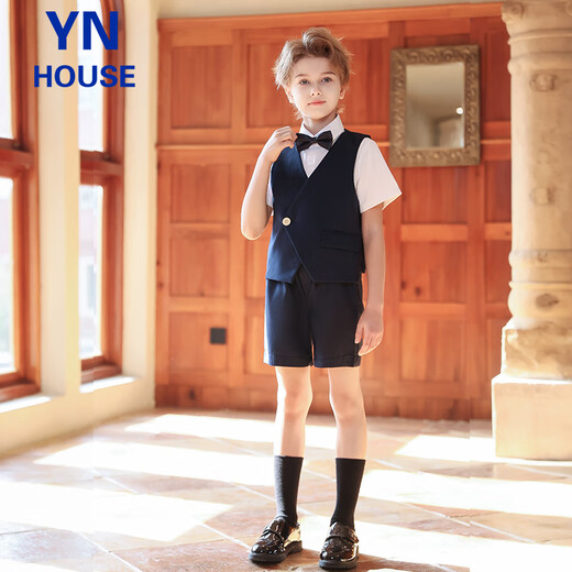 衣诺坊儿童西服套装夏款藏青色花童西服男孩钢琴演出主持人花童礼服西装