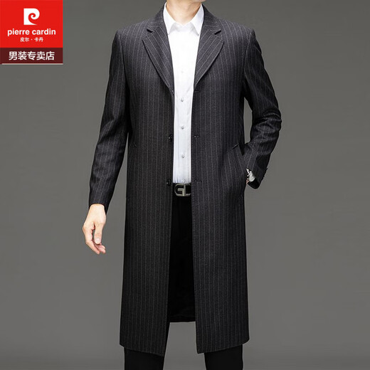 Pierre Cardin high-end men's windbreaker autumn and winter mid-length knee-length wool coat middle-aged and elderly dad business coat men's gray plaid mid-length 2XL 185
