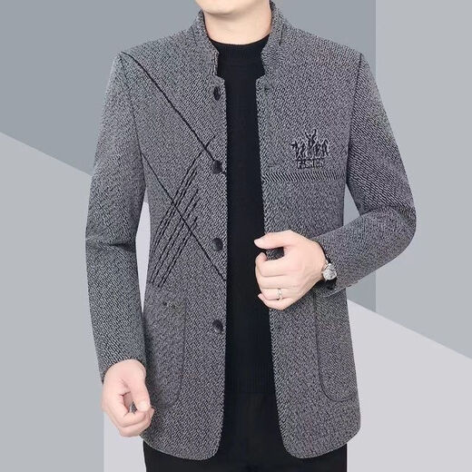 FELALWEN autumn and winter coat stand collar jacket business temperament casual winter men's slim stand collar tunic jacket gray 2XL 130-145Jin Jin equals 0.5 kg