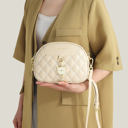 viney新款牛皮包包女包轻奢斜挎包品牌小包生日元旦礼物送女生女友 【米白】新年节礼物送老婆高级感实用单肩手机包 时尚百搭小众洋气小圆包