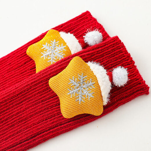 Fashionable New Year's popular cotton cartoon Christmas knee-high socks with red stars, 3 pairs, 0-1 years old (S), foot length 9-11cm