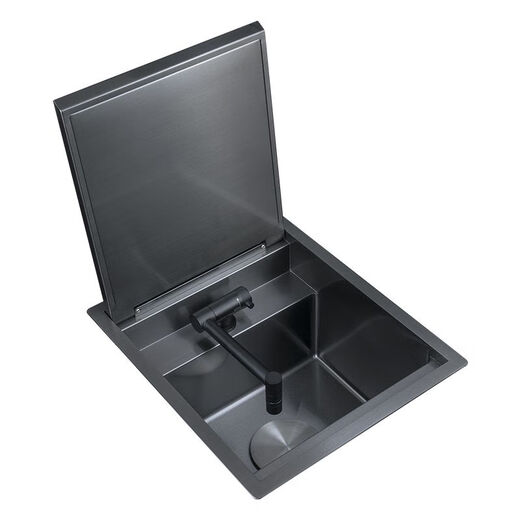 304不锈钢吧台隐形小水槽单槽中岛带阻尼盖板隐藏迷你洗菜盆 4839翻盖款洗杯器阻尼款+升降冷