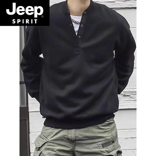 JEEP SPIRIT Japanese retro autumn and winter men's Henry collar long-sleeved T-shirt bottoming shirt plus velvet warm casual pullover sweatshirt large size gray regular style high quality M