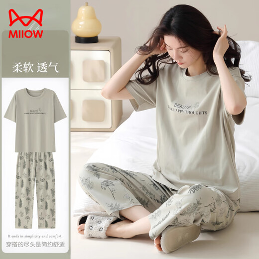 MiiOW 2025 new pajamas for women summer pure cotton short-sleeved trousers can be worn outside casual brand home clothes suit YZT9721 M Recommended 80-100Jin Jin equals 0.5kg to wear