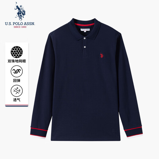 U.S. POLO ASSN.polo shirt men's autumn and winter business casual heavyweight cotton t-shirt men's long-sleeved top men's navy blue XL