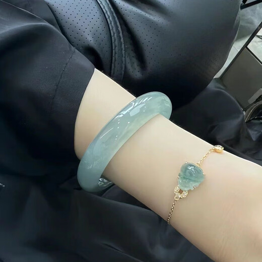 Laokeng Jade Bracelet Burmese Jade Bracelet Women's Peace Bracelet Ice Type Light Green Oil Green Floating Flower Jade Bracelet Positive Circle Ring Mouth 55-56mm