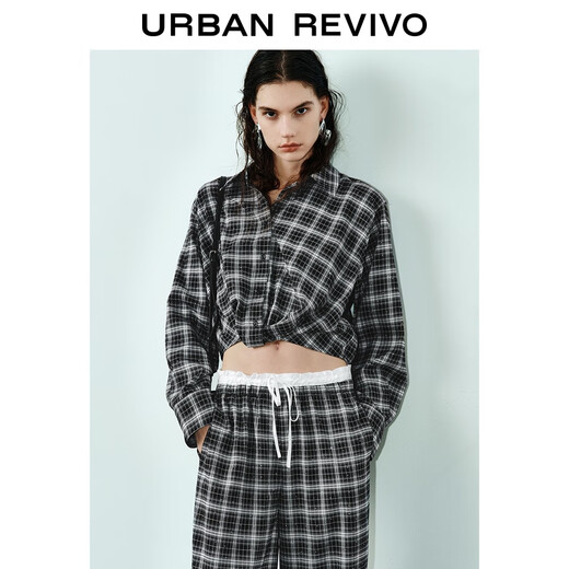 UR2026 Spring new women's clothing contrasting plaid hot diamond decoration long-sleeved blouse shirt UWJ250043 black plaid (loose) S