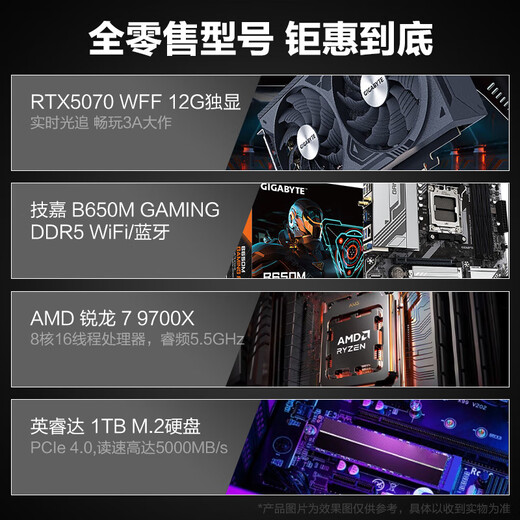 Gigabyte AMD Ryzen 9600X/9700X host assembly computer RTX/5060/Ti/5070/4070S graphics card live e-sports design desktop computer host DIY assembly machine configuration three R5 9600X丨5060Ti 8G