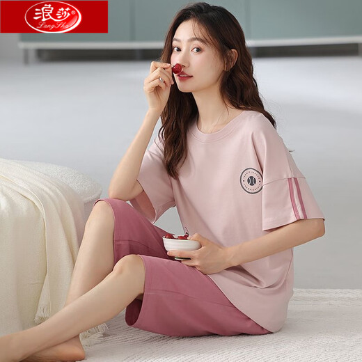 Langsha pajamas for women in summer pure cotton full cotton cropped pants suit for summer middle-aged and elderly mothers large-size short-sleeved home clothes NXF-9856 light blue M [Suggested weight: 80-100Jin [Jin equals 0.5 kg]]