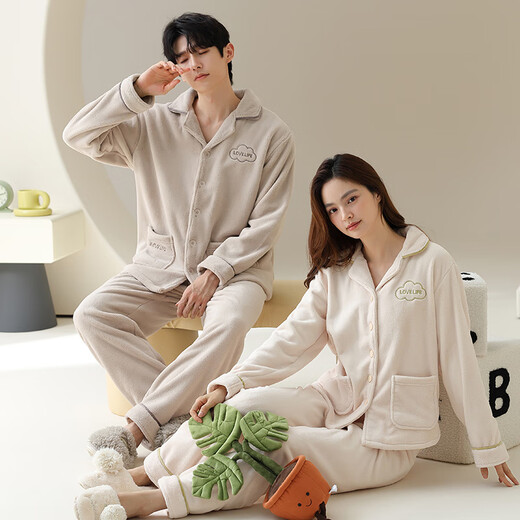 Congxin two sets of soft flannel couple pajamas for autumn and winter, thickened and velvet to keep warm, 25 years new men's and women's home clothes G 64956 light apricot + 75956 rice apricot L male + female M