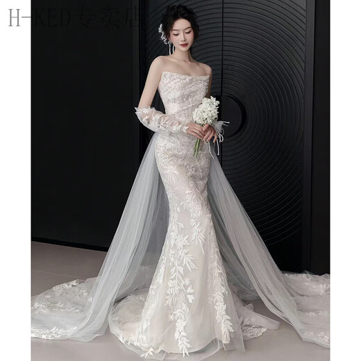 H-KED light wedding dress bridal main yarn high-end French lace tube top fishtail outing yarn temperament tail dress white XL