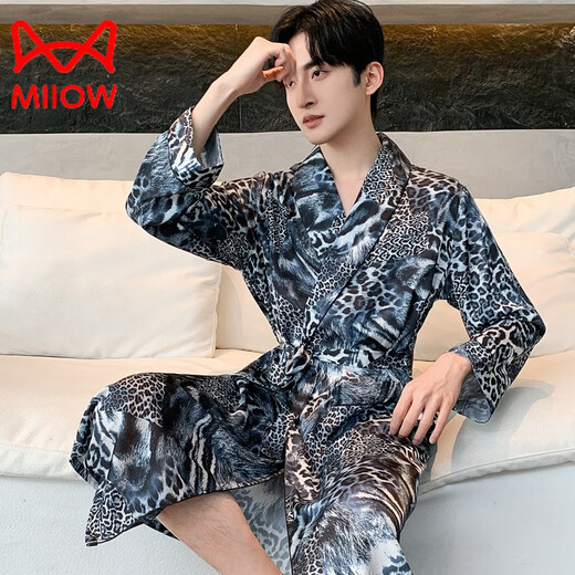 MiiOW Men's Nightgown Summer Ice Thin Feeling Mid-Length Bathrobe Pajamas Long Sleeve Large Size Black Dressing Robe Home Clothing Black Wide Men's Style-Qingguo Nightgown L (150-170Jin Jin equals 0.5kg)