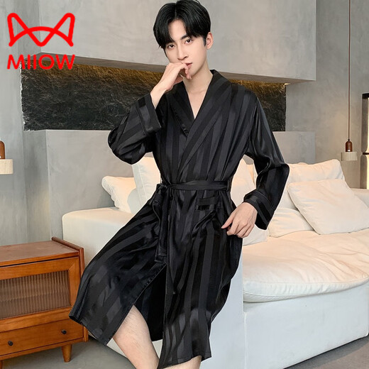 MiiOW Men's Nightgown Summer Ice Thin Feeling Mid-Length Bathrobe Pajamas Long Sleeve Large Size Black Dressing Robe Home Clothing Black Wide Men's Style-Qingguo Nightgown L (150-170Jin Jin equals 0.5kg)