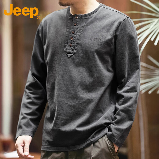 Jeep (JEEP) long-sleeved T-shirt men's autumn and winter Henry collar loose heavyweight tough guy work clothes men's gray XL