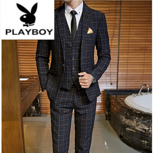 Playboy (PLAYBOY) Spring and Autumn Plaid Suit Suit Men's Korean Slim Suit Youth Casual Wedding Dress Jacket Gray (Suit+Trousers+Vest) + Tie 2XL
