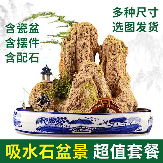 Water-absorbing stone, natural water-absorbing stone, bonsai original stone, water-absorbing stone, rockery stone, flowing water fountain, fish tank stone, landscaping stone, buy stone + pot (free grass seeds with stone) 10-14cm water-absorbing stone
