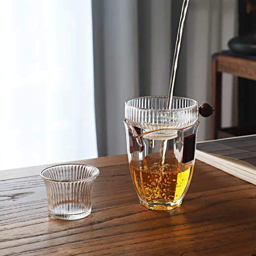 日式锤纹玻璃茶隔过滤网木珠把茶漏带品杯底座公道杯透明功夫茶滤 条纹滤网+967公道杯