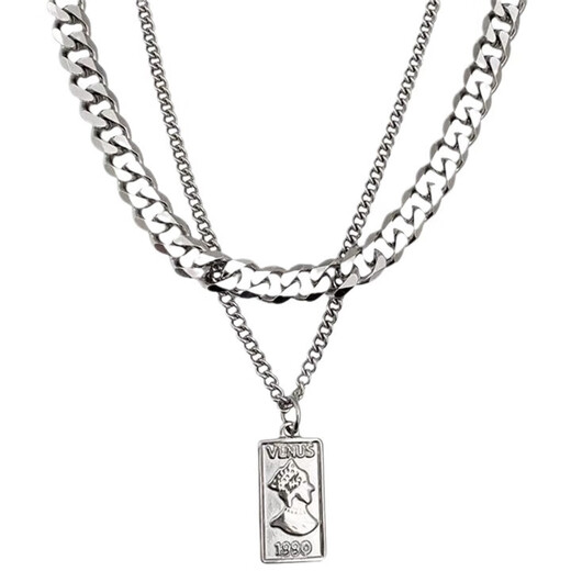 Yechi double-layered Cuban chain men's titanium steel square brand pendant trendy niche design hip-hop necklace sweatshirt chain accessories square brand avatar necklace-50cm