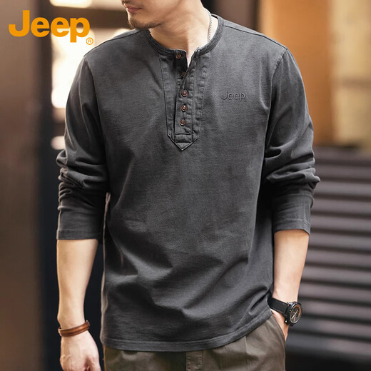 Jeep (JEEP) long-sleeved T-shirt men's autumn and winter Henry collar loose heavyweight tough guy work clothes men's gray XL