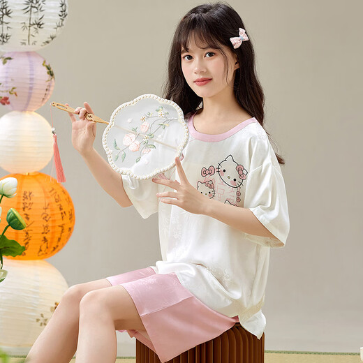 迪士尼（Disney）夏季女童睡衣短袖薄款冰丝套装女孩国风中式中大童空调家居服套装 L双短602-702蓝玉狗 170 XL码建议身高【160-167CM】