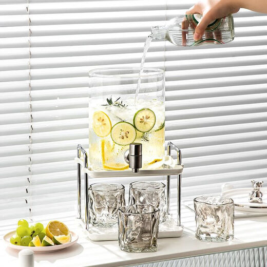 Same style as Atour Hotel, glass cold kettle with faucet, large capacity household fruit tea beverage bucket, 8L silver juice bucket + ceramic shelf + 4 twist cups