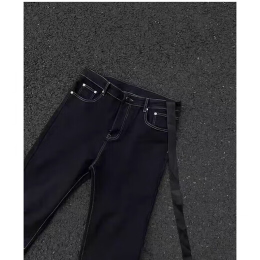 POUM ribbon micro-laden jeans for men, vibe, high street handsome trendy brand design, winter velvet warm straight pants, black, regular, black ribbon, L 105-120Jin Jin is equal to 0.5 kg